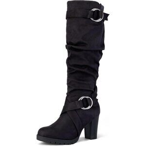Women Black Knee High Fashion Chunky Block Heel Side Zipper Warm Winter Boot